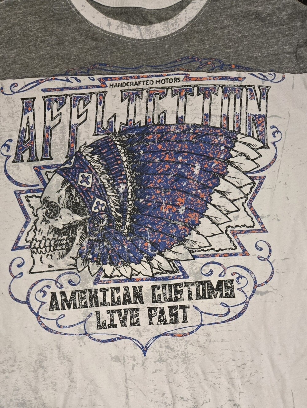 Affliction White Tee with Blue & Orange Skull Headdress Graphic